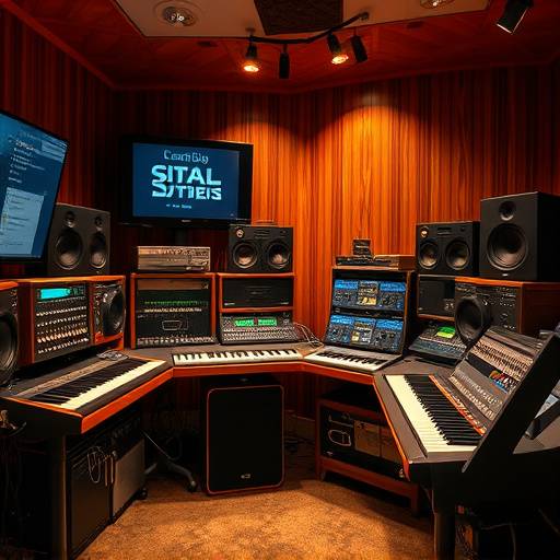 A rack of outboard gear, including compressors and equalizers, in Sonic Sanctuary's control room.