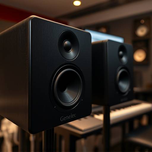 Close-up shot of Genelec 8040B studio monitors in the control room.